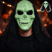 Pandoli Duvaklı Yeşil Fosforlu Renk Iskelet Kurukafa Halloween Maskesi Yetişkin