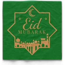 Pandoli Altın Varaklı Ramazan Temalı Eid Mubarak Peçetesi 16 Adet Yeşil Renk
