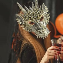 Pandoli Halloween Sert Plastik Arkadan Lastikli Eskitme Altın Renk 3D Dragon Ejderha Maskesi