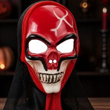 Pandoli Kapüşonlu Eskitme Kırmızı Beyaz Renk Iskelet Halloween Maskesi Yetişkin