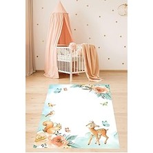 Renas Store Pelangi Geyik Sincap Kelebek ve Güller Sulu Boya Yıkanabilir Kaymaz Taban Leke Tutmaz Çocuk Odası Halısık, Mavi-Pembe-Kahve 180 x 280