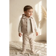 Hippıl Erkek Bebek Dusty Blue Fitilli Kapüşonlu Yelek, Ekose Sweatshirt ve Pantolon 3'lü Kombin Takım
