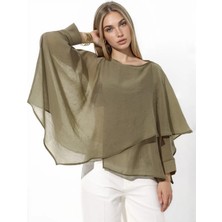Hiccup Kadınlar Oversize Ince Dökümlü Dokuma Bluz Haki Yeşil