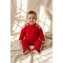 Ciciben Kırmızı Beyaz Şeritli Kurdele Detaylı Kız Bebek ve Çocuk Pamuklu Eşofman Takımı - Yumuşak Dokulu Iki Iplik Sweatshirt ve Pantolon Seti