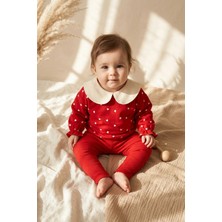 Ciciben Kız Bebek Kırmızı Kalp Desenli Bebe Yakalı Sweatshirt ve Fitilli Tayt 2'li Takım - Pamuklu Yumuşak Doku