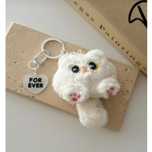 Alışveriş Kasabası Sevimli Peluş Uzun Kuyruklu Kedi Kawaii Karakter Anahtarlık ve Çanta Süsü Beyaz