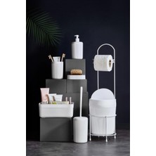 Bezos 7 Parça Beyaz Banyo Seti Metal Stantlı Kovalı Wc Kağıtlık Kozmetik Kutusu Diş Fırçalık ve Sabunlukla