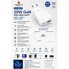 Turgaylar Teknoloji 20W Gan Premium Hızlı Iphone ve Android Uyumlu Şarj Aleti – Çift Portlu (Usb-A + Type-C) ve Akıllı Isı Kontrolü