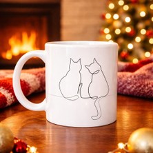 Bezos Minimal Çizim Iki Kedi Desenli Porselen Kupa Model 77 – Sevgi Temalı Şık Tasarım, Kahve & Çay Kupası