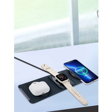 Turgaylar Teknoloji 3in1 Magsafe Katlanabilir Şarj Istasyonu – Deri/kumaş Dokulu 15W Kablosuz Şarj Istasyonu