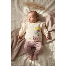 Babydonat Aria Bloom Kız Bebek Fırfır Detaylı Kalp Desenli Alt Üst Takım - %100 Pamuklu Gül Kurusu & Krem Sweatshirt Pantolon Set