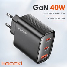 Toocki 40W GaN 3 Port PD Hızlı Şarj Adaptörü 2 USB-C 1 USB-A 20W Type-C Çıkışlı Telefon Tablet Powerbank Şarj Cihazı - Siyah