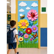 Promisebackdrop2 190X75CM Lastikli Kapı Süsü, Kumaş Kapı Giydirme, Çiçek ve Kelebek Temalı, Sınıf Kapısı, Okul Etkinlik Kapı Süsü