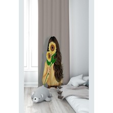 Renas Store Pelangi Koyu Krem Ayçiçeği Tutan Kız Desenli Dijital Baskı Yıkanabilir Bebek Çocuk Odası Fon Perdesi, Koyu Krem 140 x 200