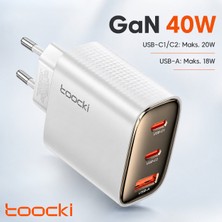 Toocki 40W GaN 3 Port Hızlı Şarj Adaptörü 2 Adet USB-C ve USB-A Çıkışlı 20W PD Telefon Tablet Powerbank Şarj Cihazı - Beyaz