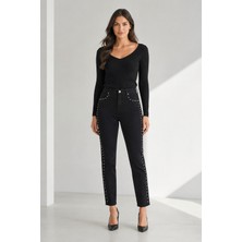 Bihan Store Yüksek Bel Yanları Metal  Süslemeli Denim Pantolon Y26-2805-SIYAH