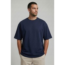 Allunique Erkek Pamuklu Oversize Bisiklet Yaka Mavi T-Shirt