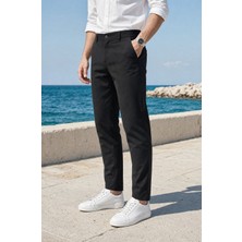 Modamesto Erkek Siyah Slim Fit Dar Kesim Likralı Yan Cep Bilek Boy Düz Kumaş Pantolon