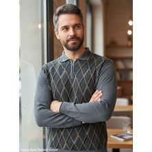 Kamalı Erkek Gri Tüylenme Yapmayan Anti Pilling Kumaş Standart Fit Normal Kesim Polo Yaka Triko Kazak