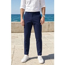Modamesto Erkek Lacivert Slim Fit Dar Kesim Likralı Yan Cep Bilek Boy Düz Kumaş Pantolon