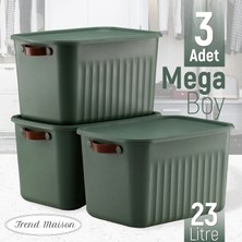 Trend Maison Dekoratif Saklama Kutusu 23 Litre, Çok Amaçlı Düzenleyici, Banyo Mutfak Organizer, Kapaklı Kutu, Yeşil 3'lü