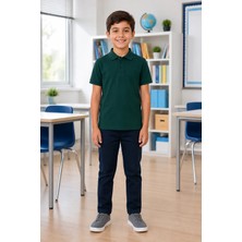 Qkk Çocuk Unisex Koyu Yeşil Kısa Kollu Polo Yaka Okul Tişörtü %100 Pamuk Lakos Kumaş