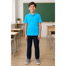 Qkk Çocuk Unisex Turkuaz Kısa Kollu Polo Yaka Okul Tişörtü %100 Pamuk Lakos Kumaş