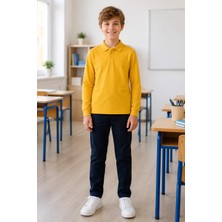 Qkk Çocuk Unisex Hardal Uzun Kollu Polo Yaka Okul Tişörtü %100 Pamuk Lakos Kumaş