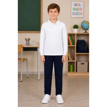 Qkk Çocuk Unisex Beyaz Uzun Kollu Polo Yaka Okul Tişörtü %100 Pamuk Lakos Kumaş