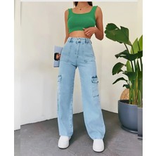 Shevega Buz Mavi Kargo Cepli Yüksel Bel Wide Leg Jeans Kot Pantolon