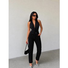Shevega Mamaliga Kadın Siyah Taş Detaylı Boyfriend Mom Jeans Kot Pantolon