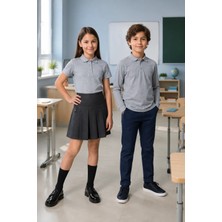 Qkk Çocuk Unisex Gri 2'li Polo Yaka Okul Tişörtü Seti Kısa Kollu + Uzun Kollu %100 Pamuk Lakos Kumaş