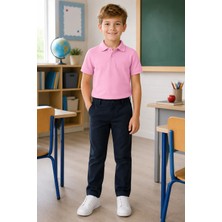 Qkk Çocuk Unisex Pembe Kısa Kollu Polo Yaka Okul Tişörtü %100 Pamuk Lakos Kumaş