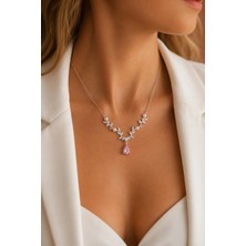 Tayfun Silver Pembe Damla Zirkon Taşlı Inci Yaprak Model 925 Ayar Gümüş Kolye