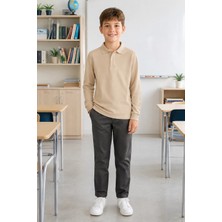 Qkk Çocuk Unisex Bej Uzun Kollu Polo Yaka Okul Tişörtü %100 Pamuk Lakos Kumaş