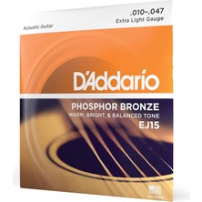 D'Addario Daddario EJ15 Akustik Gitar Tel Seti, Phosphor-Bronze, Extra Light, 10-47