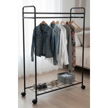 Aboveya Metaliz Concept Tekerli Modern Metal Elbise Askılığı - Katlı Raflı Portatif Giysi Standı, Siyah Renk