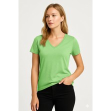 Prolet Kadın V Yaka Basic Tişört – Limited Color Drop - Neon Yeşili