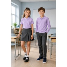 Qkk Çocuk Unisex Lila 2'li Polo Yaka Okul Tişörtü Seti Kısa Kollu + Uzun Kollu %100 Pamuk Lakos Kumaş