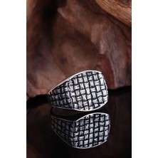 Tayfun Silver Örgü Desenli Kare Motifli 925 Ayar Gümüş Erkek Yüzük