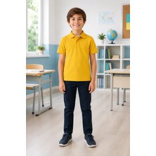 Qkk Çocuk Unisex Hardal Kısa Kollu Polo Yaka Okul Tişörtü %100 Pamuk Lakos Kumaş