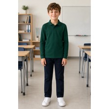 Qkk Çocuk Unisex Koyu Yeşil Uzun Kollu Polo Yaka Okul Tişörtü %100 Pamuk Lakos Kumaş