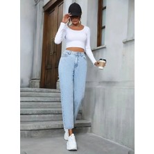 Shevega Buz Mavi 90's Yüksek Bel Likralı Mom Jean Kot Pantolon