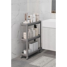 Mithra Life 3 Katlı Tekerlekli Slim Ince Gri Banyo Mutfak Rafı Polipropilen Plastik MIT1127