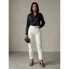 Shevega Mamaliga Beyaz Mom Jeans Boyfriend Keten Pantolon