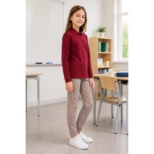 Qkk Çocuk Unisex Bordo Uzun Kollu Polo Yaka Okul Tişörtü %100 Pamuk Lakos Kumaş