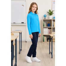 Qkk Çocuk Unisex Turkuaz Uzun Kollu Polo Yaka Okul Tişörtü %100 Pamuk Lakos Kumaş