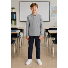 Qkk Çocuk Unisex Gri Uzun Kollu Polo Yaka Okul Tişörtü %100 Pamuk Lakos Kumaş