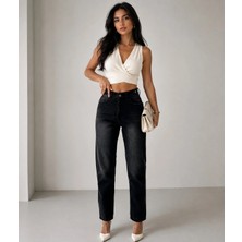 Shevega Kadın Siyah Yüksek Bel Kemer Detaylı Fit Mom Jean Boyfriend Kot Pantolon