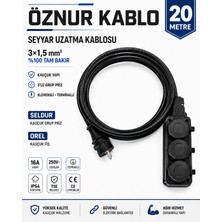 Öznur Kablo Seyyar Uzatma Kablosu 20 Metre | Ttr 3x1,5 mm %100 Tam Bakır Kablo | Seldur 3'lü Kauçuk Grup Priz | Orel Kauçuk Fiş | IP54 IP44